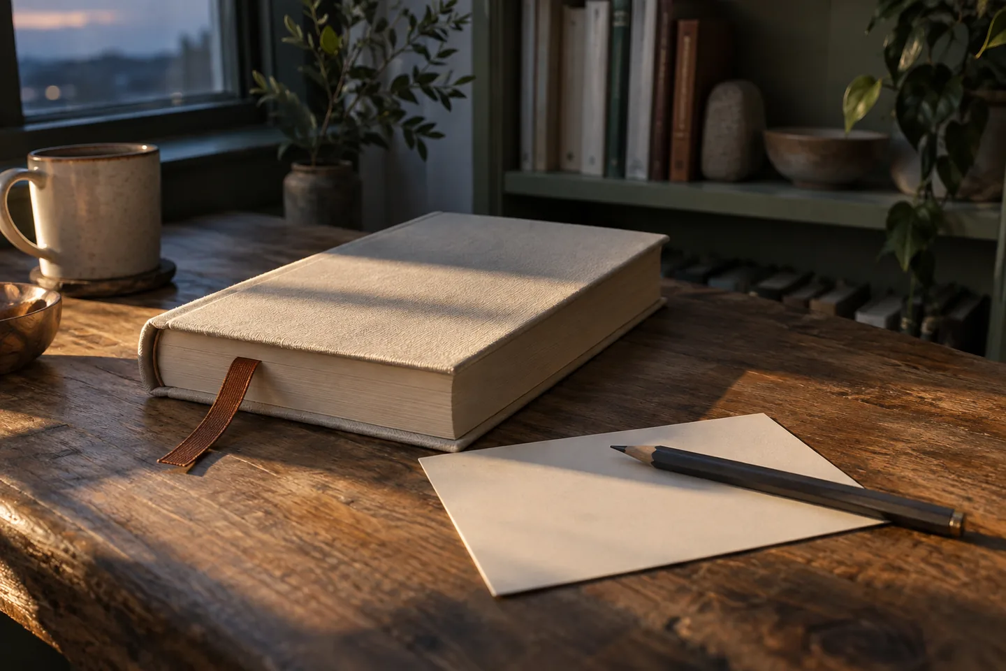 A closed clothbound book with a copper ribbon sits beside a blank card and pencil.