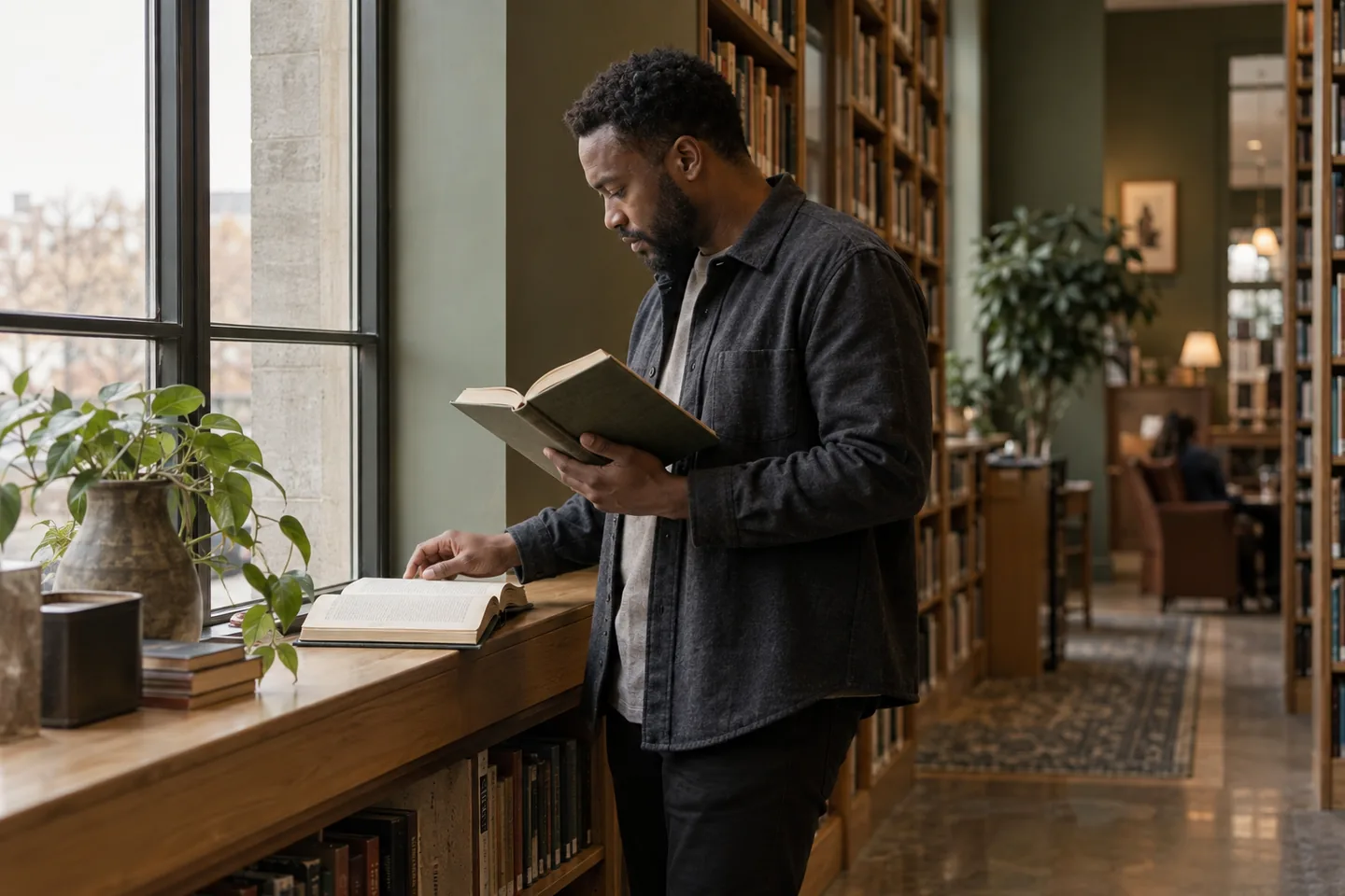 An adult reader compares two open books beside a window in a quiet library alcove.