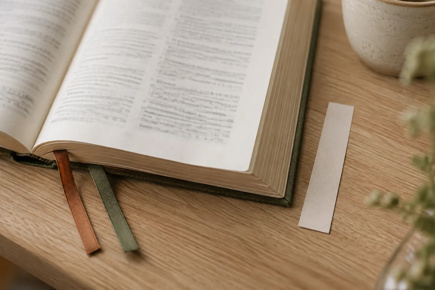 Two ribbon bookmarks and a plain paper slip mark the edge of an open book.