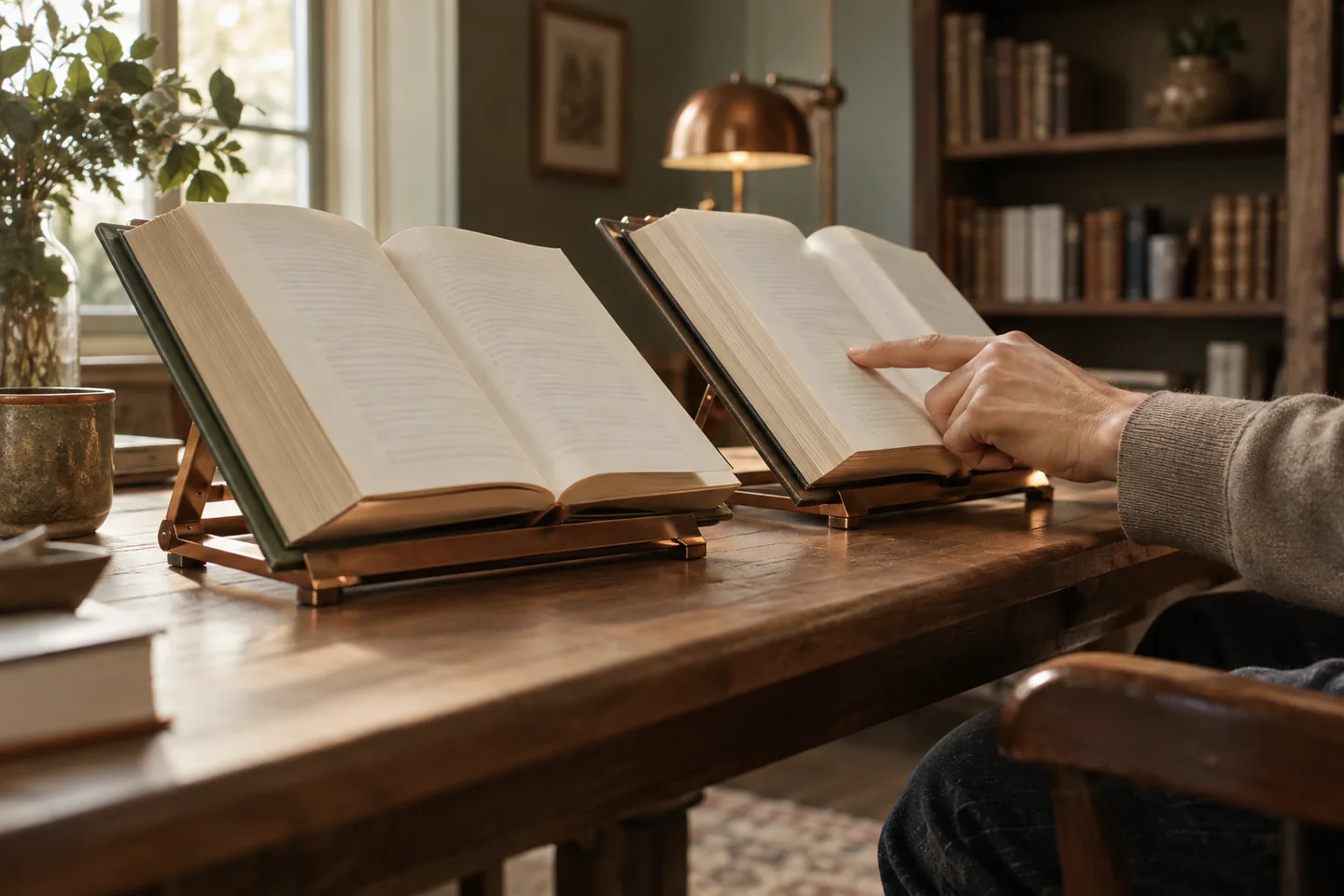 Two open books rest on separate stands while an adult hand points to one page.