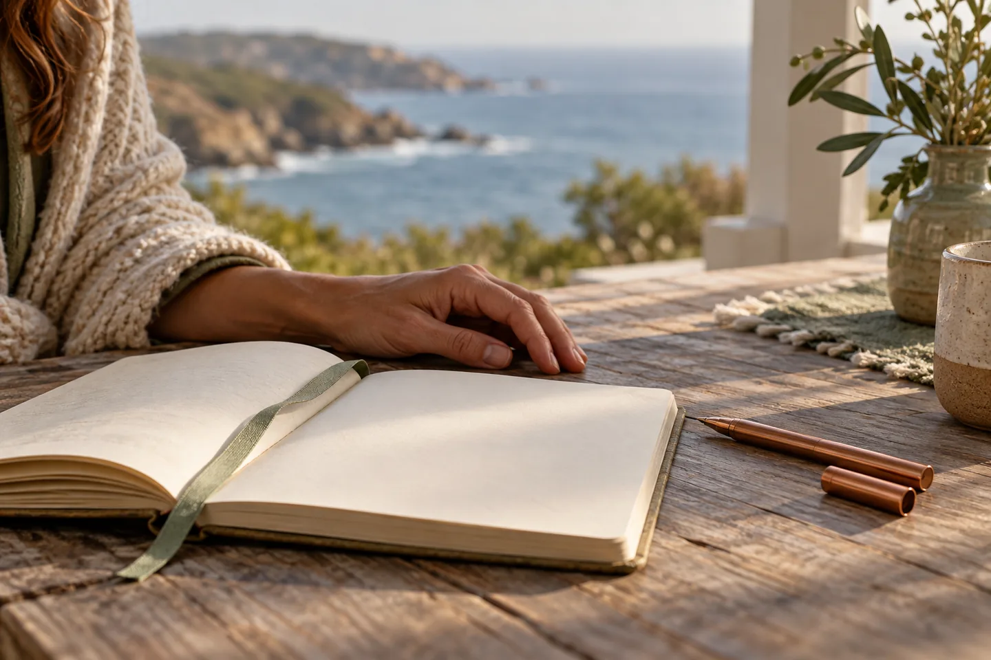 An adult rests a copper pen beside an open notebook with a ribbon marking an earlier page.