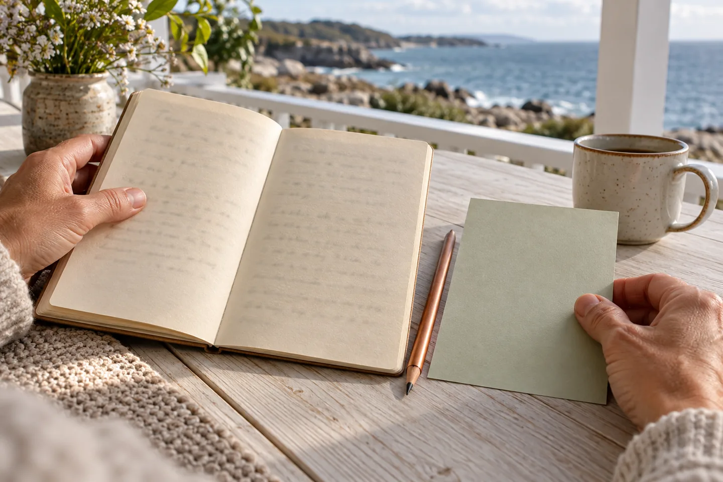 Adult hands place a small sage slip beside an earlier notebook page without covering it.
