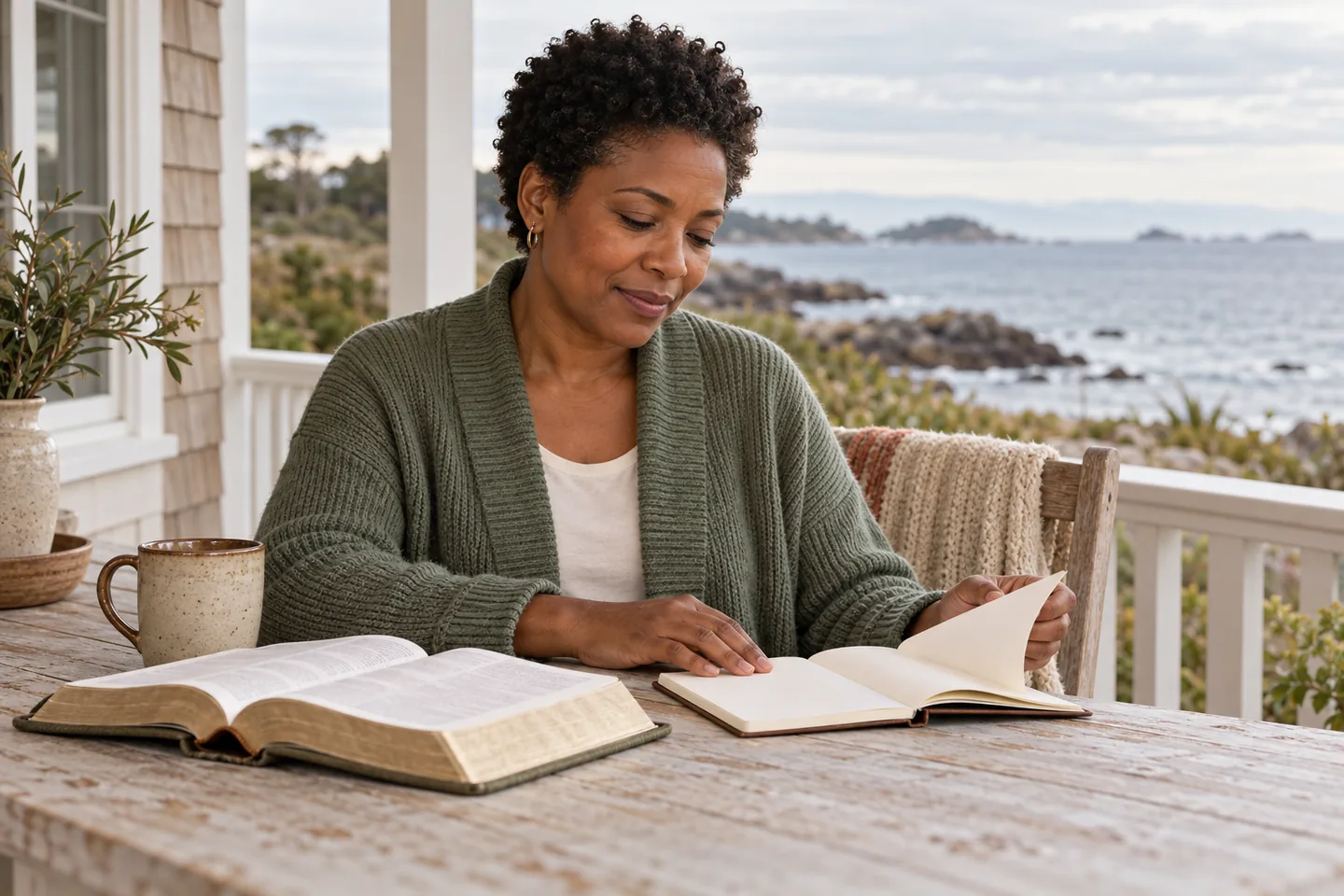 An adult woman reviews an earlier notebook page beside an open book on a quiet coastal porch.