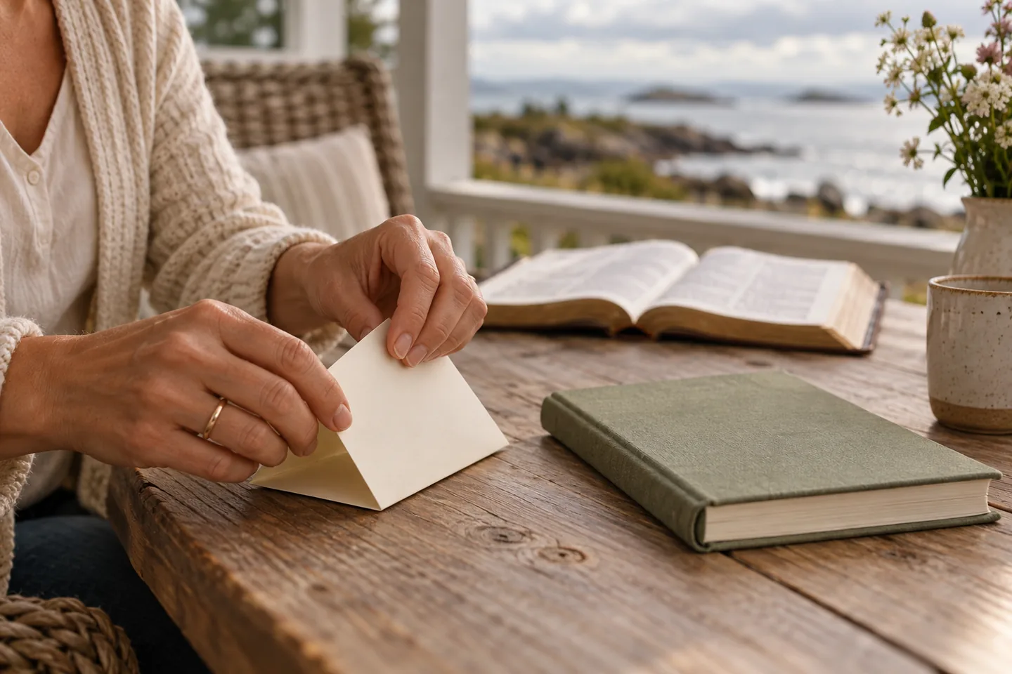 An adult folds a plain note card inward beside a closed notebook to keep its contents private.