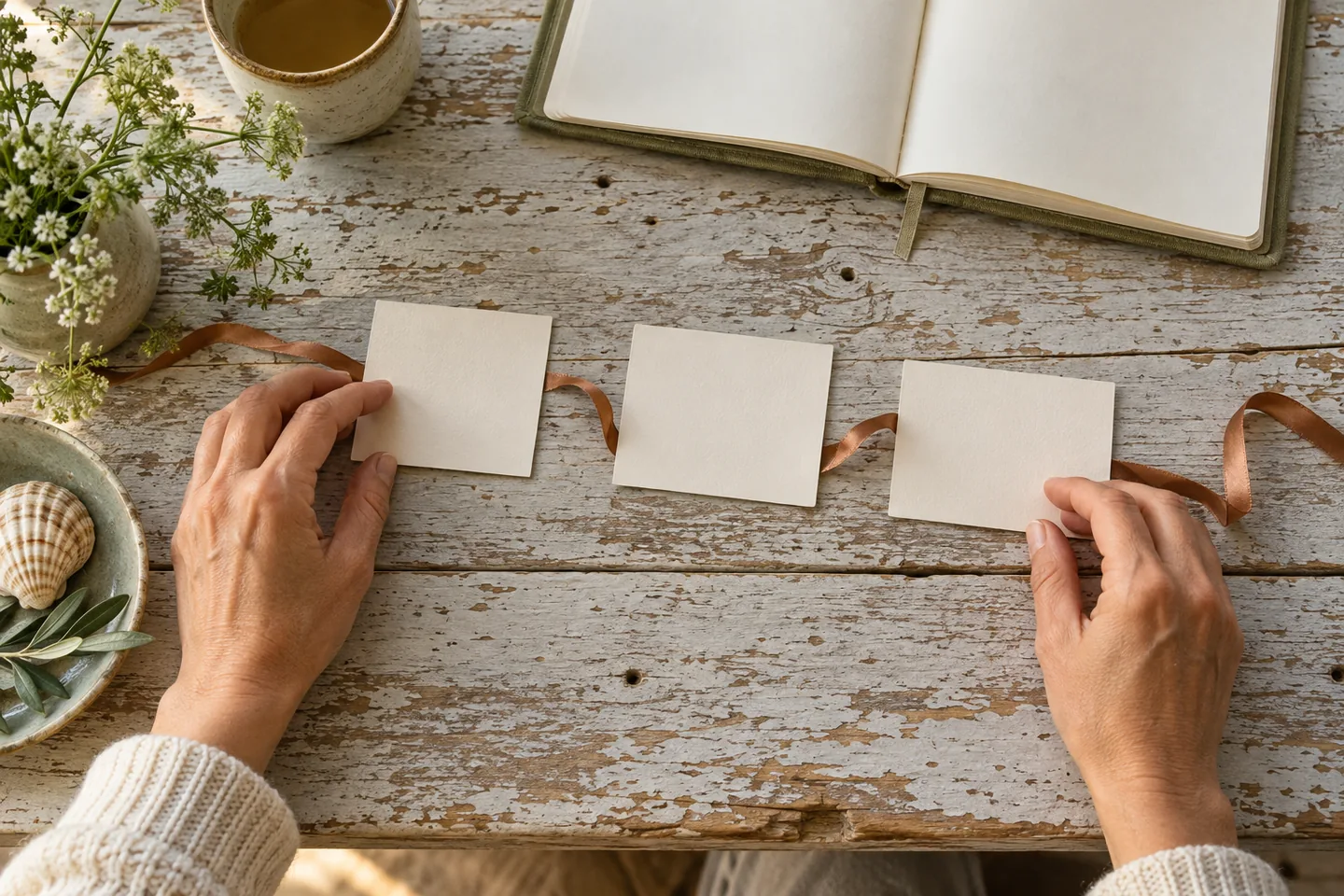 Adult hands arrange three plain note cards in a sequence connected by a loose copper ribbon.
