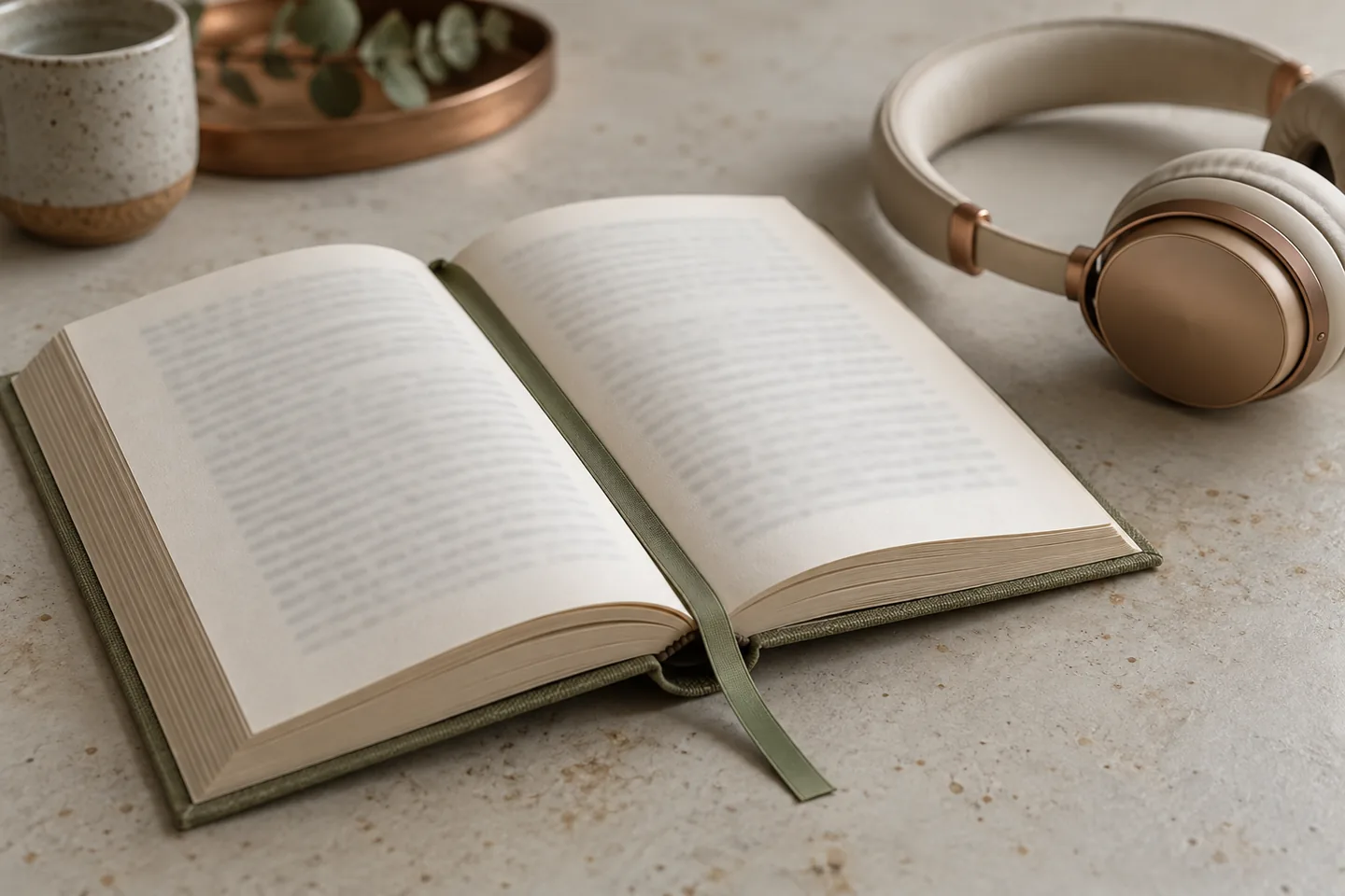 Un libro abierto con una cinta verde salvia descansa junto a unos auriculares sobre una mesa clara.