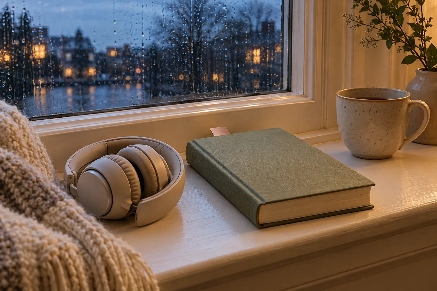 Unos auriculares plegados y un libro verde cerrado con un marcador cobrizo descansan junto a una ventana.
