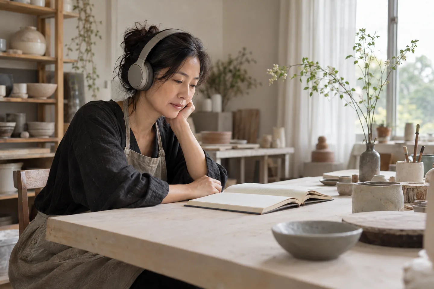 Una mujer adulta con auriculares está sentada junto a un libro abierto en un taller de cerámica tranquilo.