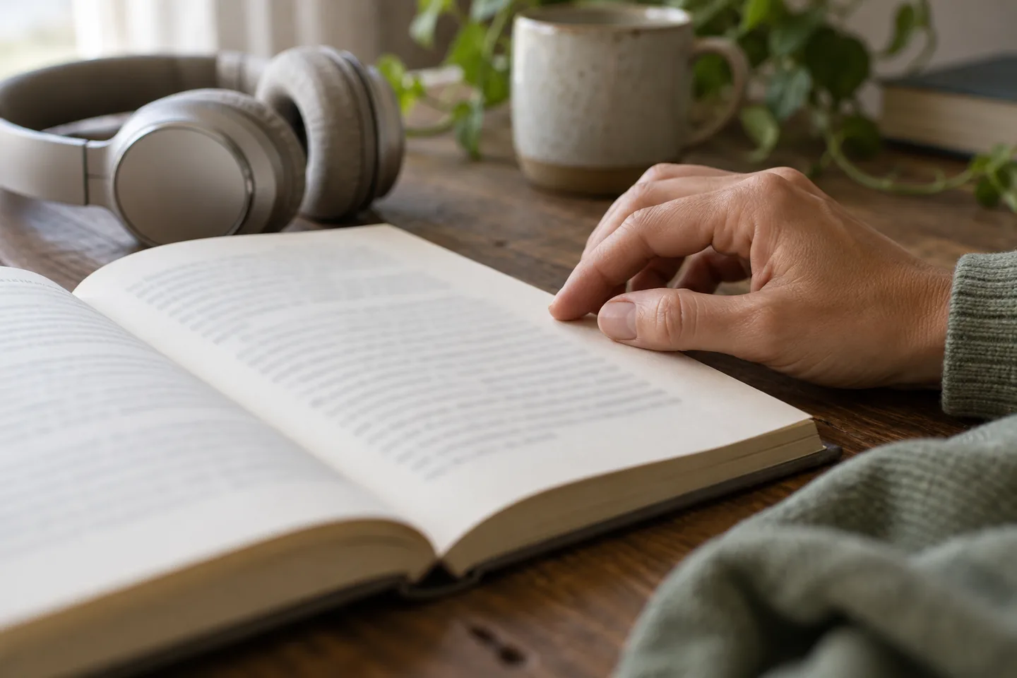 Una mano adulta sigue el borde de un párrafo en un libro abierto con los auriculares apartados.