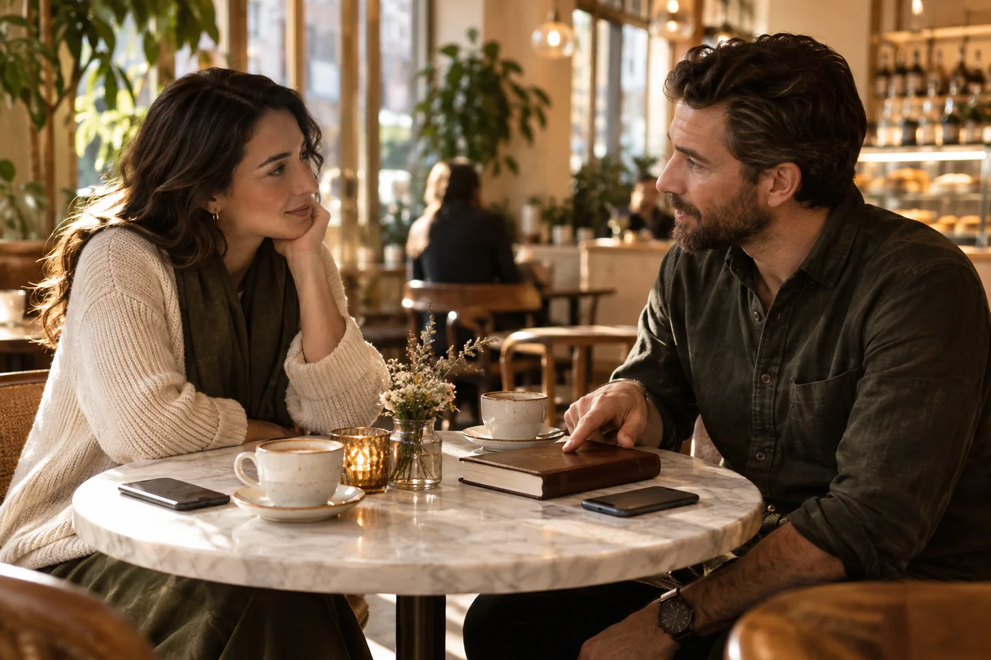 Dos personas adultas conversan sobre una lectura en una mesa redonda de cafetería.