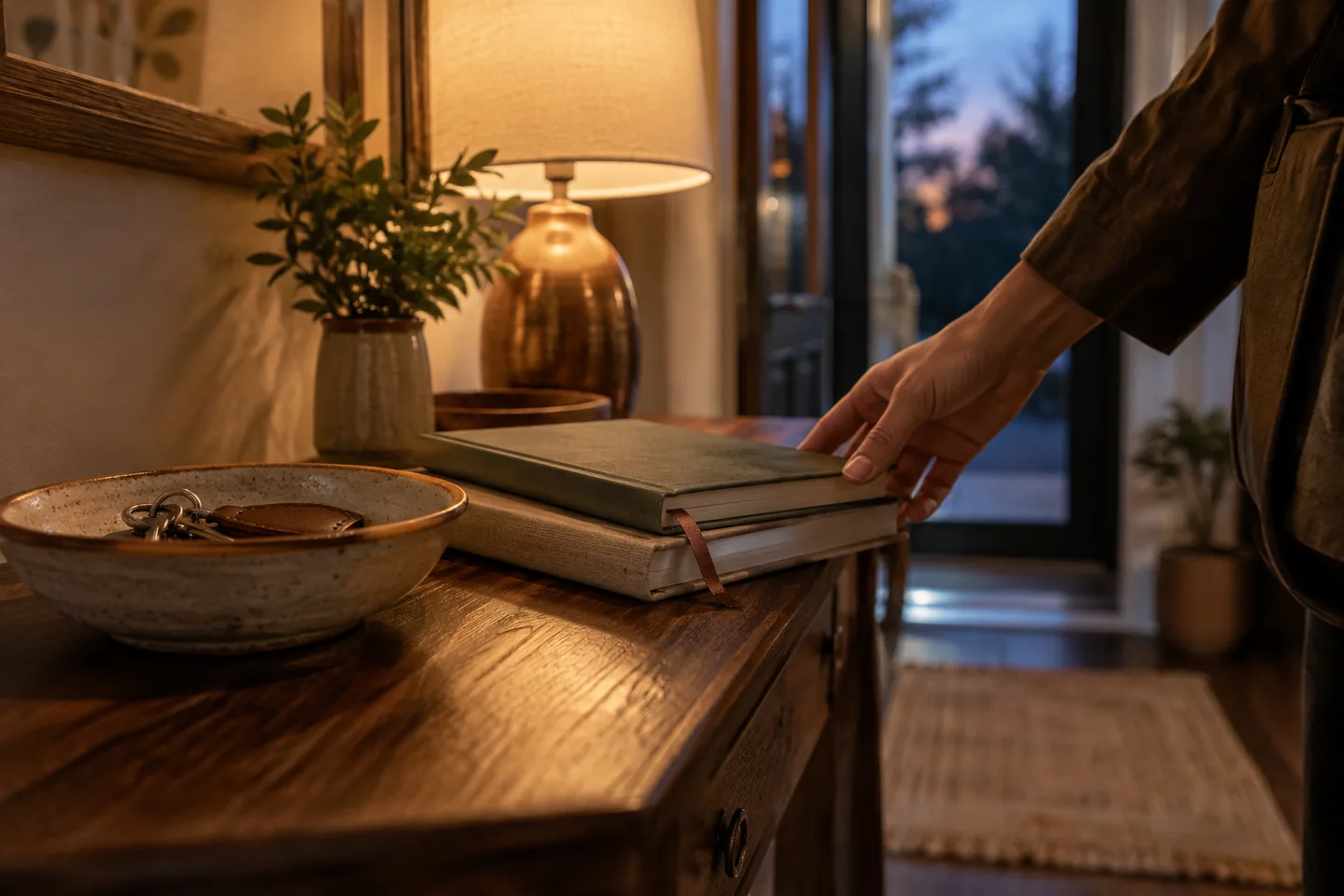 Una mano adulta alcanza una libreta verde junto a un libro en una consola del recibidor.