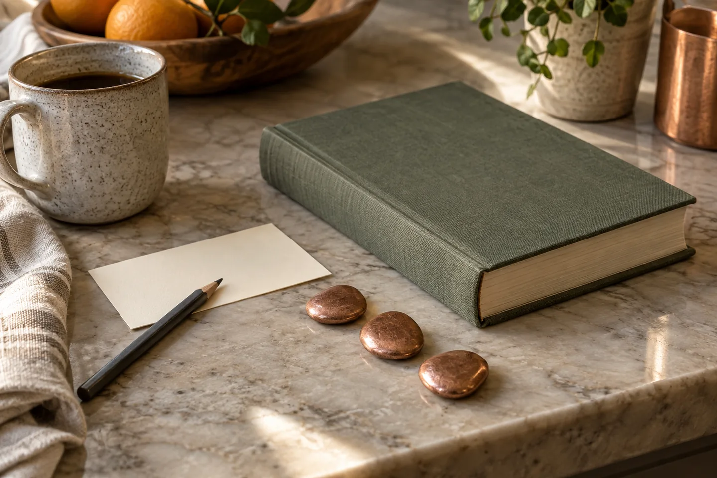 Un libro cerrado, una tarjeta en blanco, un lápiz y tres piedras de cobre sobre una encimera.