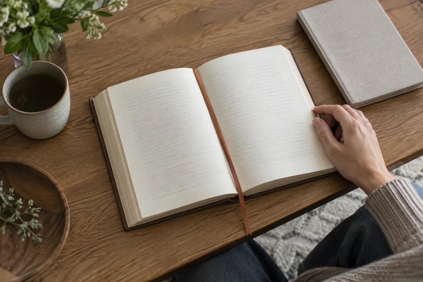 Ein offenes Buch mit Leseband liegt neben einem geschlossenen Notizbuch.