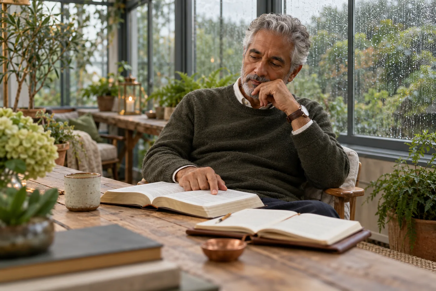An older adult reader pauses over an open book at a table in a planted conservatory.