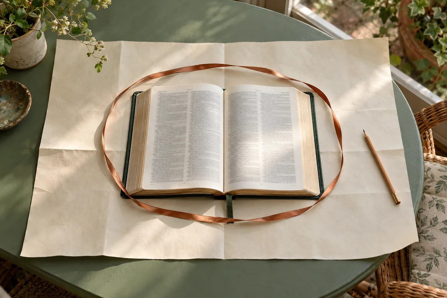 An open book rests inside a loose copper ribbon loop on a large blank sheet of paper.