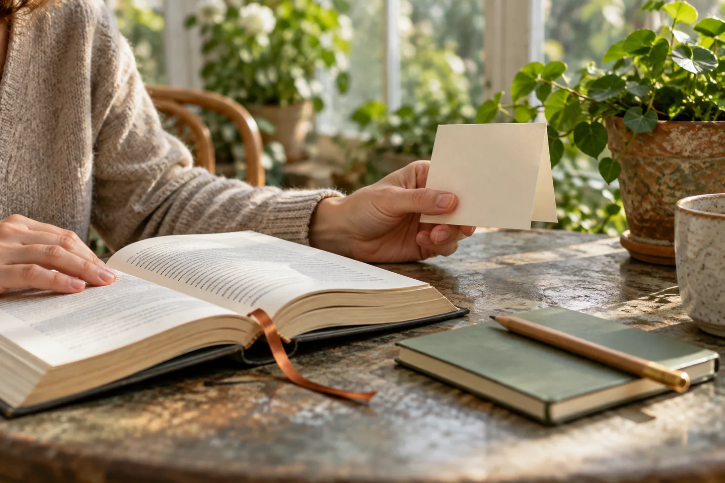An adult holds a blank folded note card beside an open book and a closed pocket notebook.