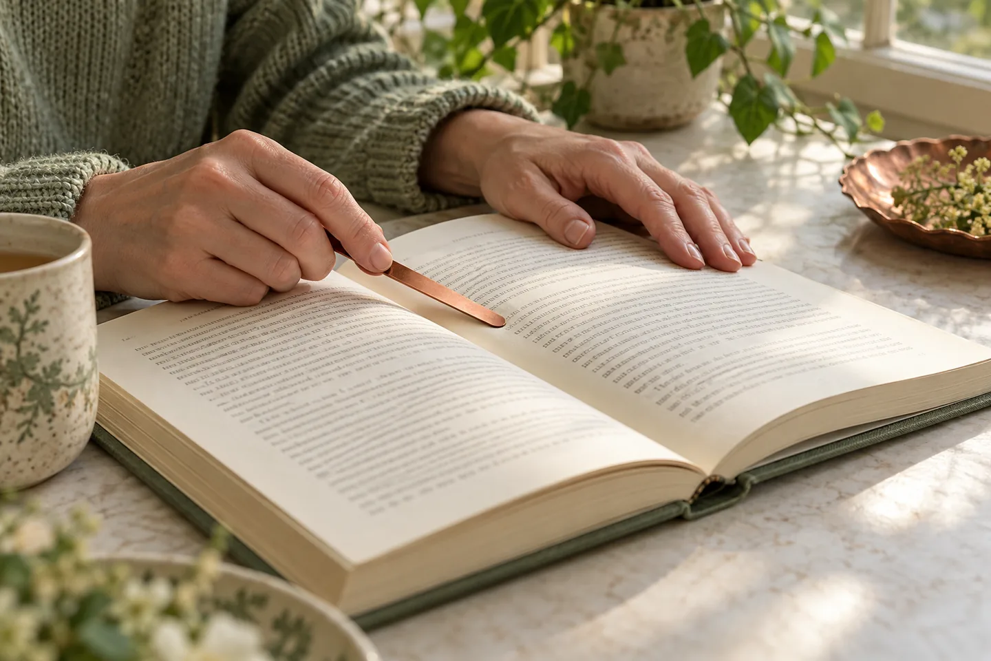 Adult hands keep a book open while a copper-colored pointer follows a line on the page.