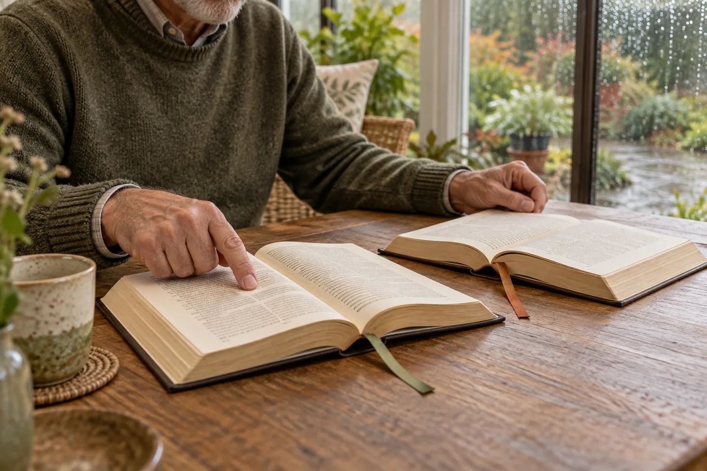 An adult reader points to one of two open books marked with separate ribbons.