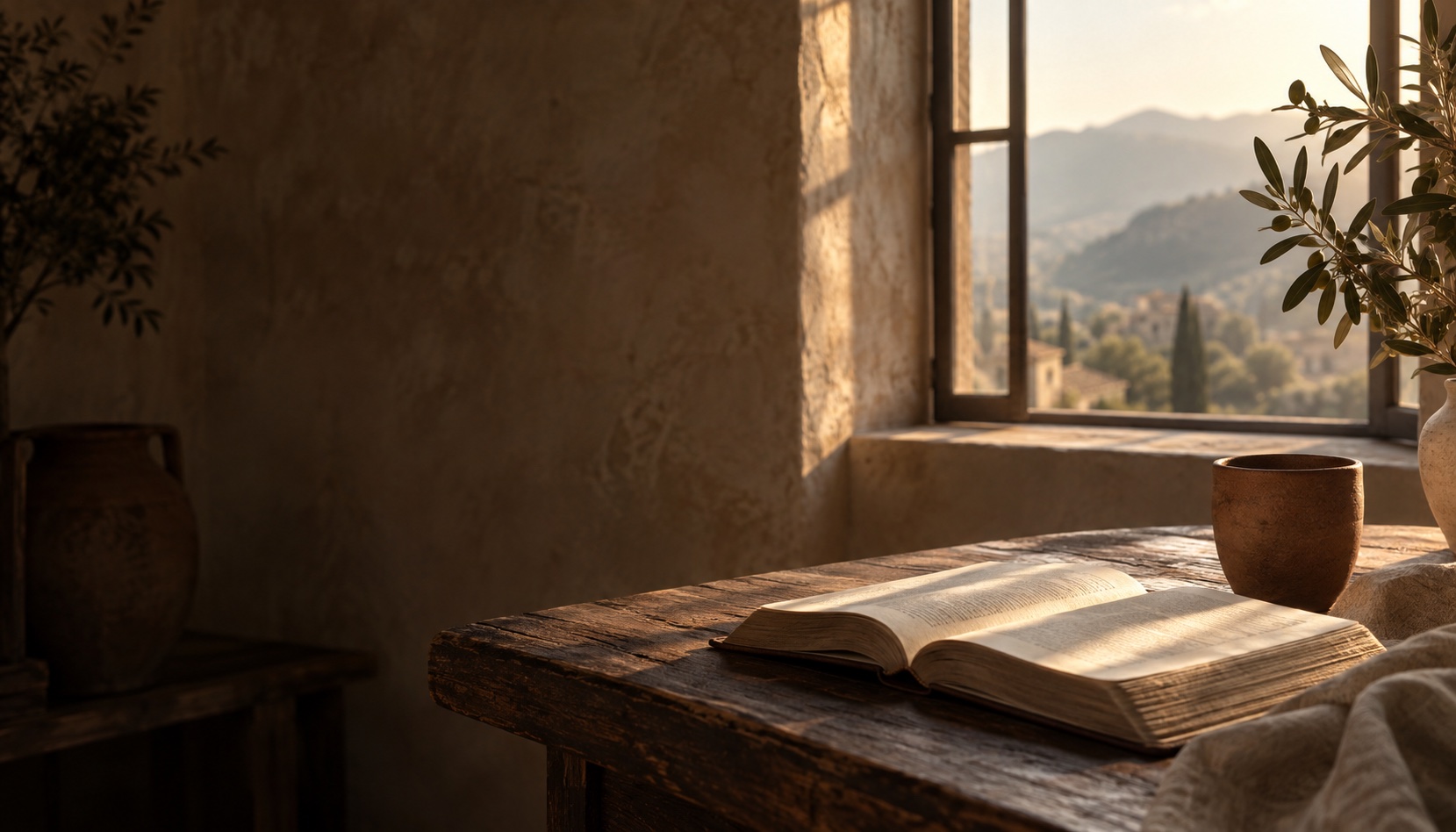 An open book and a terracotta cup in warm window light